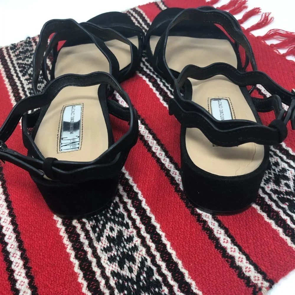 INC International Concepts Black Triple Wavy Strap Ankle Strap Heel Sandals 10M